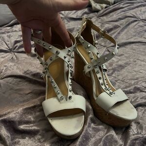 White Marc Fisher studded wedges size 8.